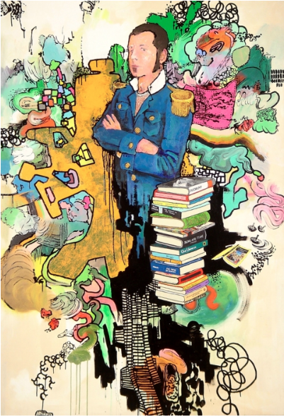 Michael Eudy, Self Portrait as the Captain of an Early 20th Century Vessel, Posed with Certain of My Books 2006 Acrylic and Urethane on Canvas 57"x82 1/2"